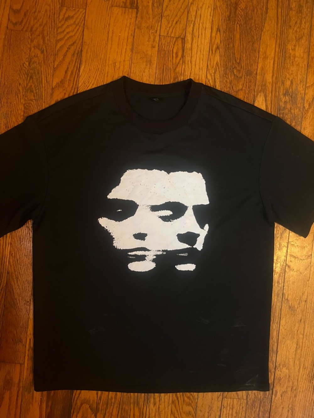Black Graphic Tee with White Face Print - Men’s Casual Shirt